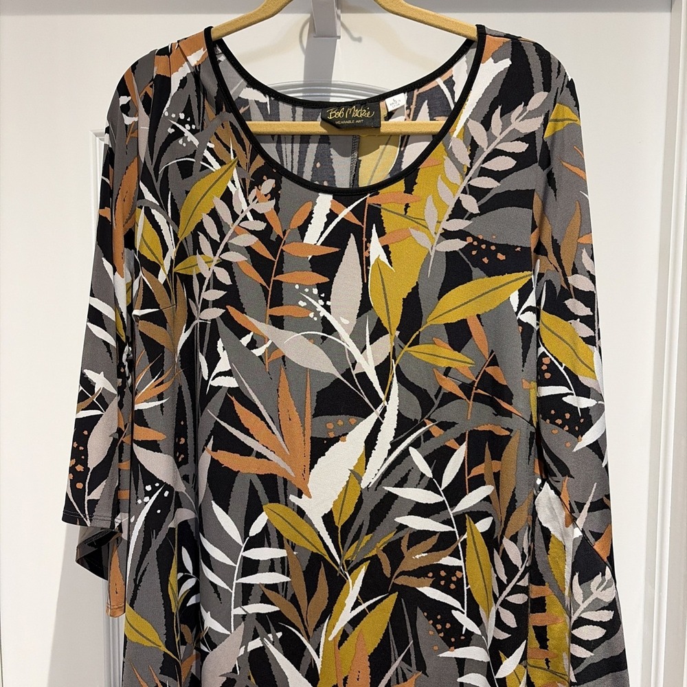 Bob Mackie Large Leaf Print Dress With Bell Sleeve Sz Large